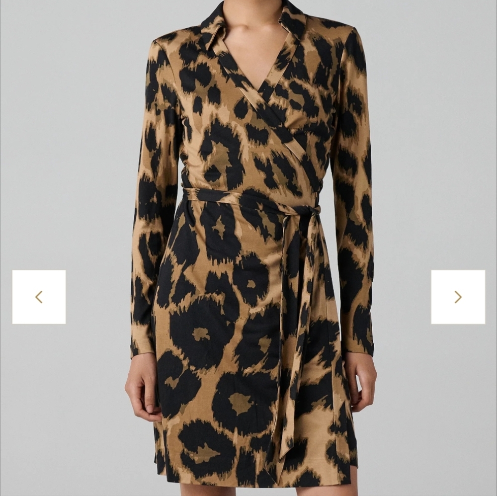 Diane Von Furstenberg Leopard-Print Long Sleeve Wrap Dress - Black & Tan